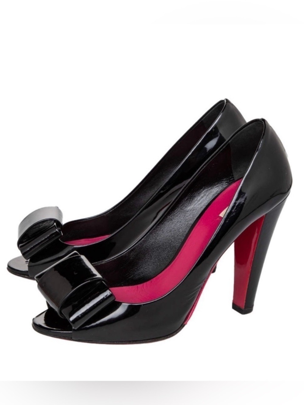 Miu Miu black patent leather her little bow peep designer peep toe heels sz 37/7